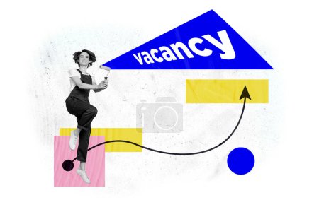 Composite graphics collage image of happy young girl jump get hired job painter paint roller vacancy arrow isolated on white color background.