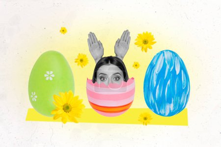Creative collage picture psychedelic body fragments hands hidden head look afraid fear peek easter hunt concept eggs rabbit ears imitation.
