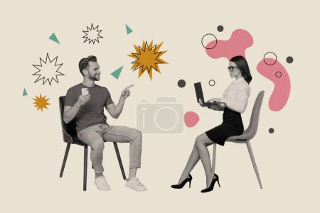 Creative collage picture young man sitting laptop interview human recourses applicant man pointing finger show drawing background.