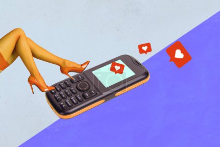 Tendance illustration composite image collage 3D de sexy jeune femme jambe porter collants appel numéro de téléphone obtenir des commentaires notification cardiaque comme.