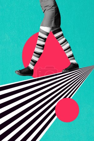 Vertical photo collage of legs walk step wear long socks sexy zebra pattern short skirt denim isolated on painted background.