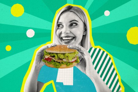Kreativ Bild Collage junge Frau essen Burger Salat ungesund Fastfood Junk Ernährung hungrige Mahlzeit Mittagessen Zeichnung Hintergrund.