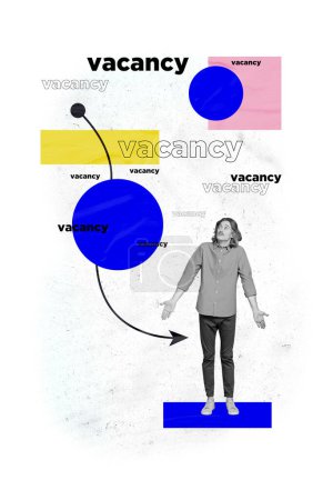 Vertical graphics collage image of confused young man job search choice vacancy resume interview offer advertisement arrow isolated on painting background.