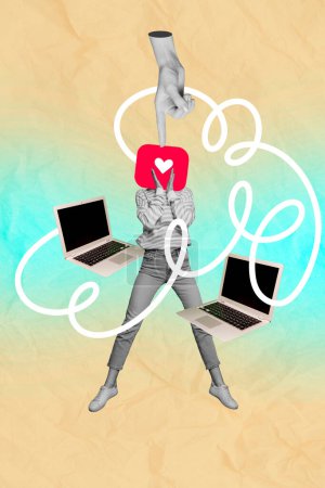 Vertical creative collage woman headless body heart icon laptop computer social media receive notification like icon pointing 3d hand.