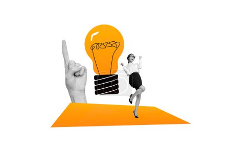 Collage photo créative jeune femme heureuse lampe eureka célébrer victoire doigt gagnant pointage trouver solution plan de réussite.
