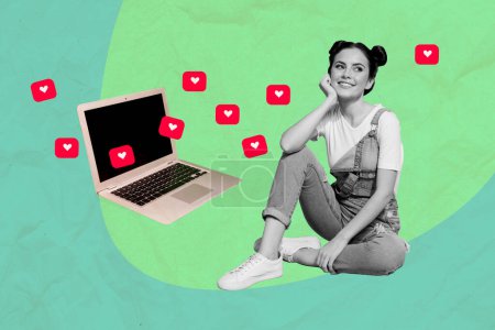 Kreative Collage Bild sitzt junges Mädchen Laptop Social Media Netzwerk erhalten wie Herz Benachrichtigung smm Targetologe.