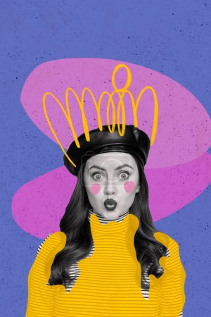 Creative picture collage young pretty girl blow lips golden crown royal queen coquettish flirty emotion painted outfit drawing background.