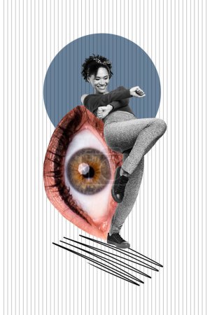 Foto-Collage-Kunstwerk minimales Bild des großen Auges Kontrolle Dame tanzen isoliert grafischen Hintergrund.