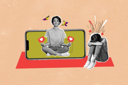 Collage junge sitzende depressive Mädchen Social Media smm Popularität Feedback wie Symbol Benachrichtigung Harmonie Meditation Smartphone-Bildschirm.