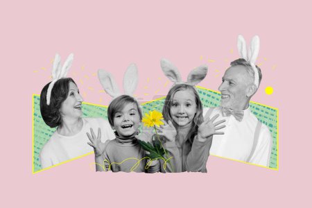 Collage bandera de la imagen de la familia alegre feliz celebrar el día de Pascua buen humor evento festivo primavera aislado en el fondo de dibujo.