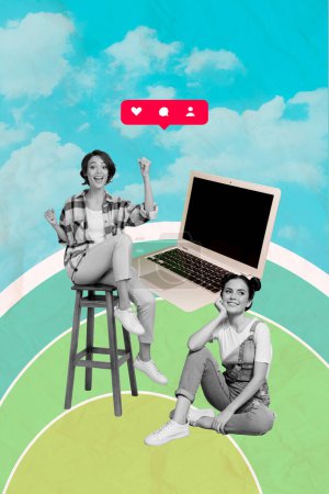 Vertical collage picture young two happy girls social media network blogging concept notification heart like icon profile user laptop.