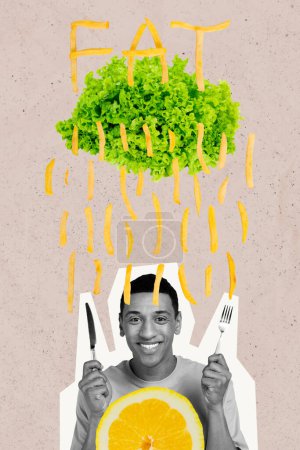 Vertical creative picture collage young man hungry grocery ingredients citrus lemon lettuce vegan food nutrition fat fastfood fries.