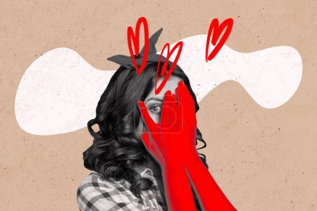 Kreative Bild-Collage junges Mädchen verstecken Gesicht bedecken Hände Auge gucken sehen Blick starren Spionage Valentinstag Herzen romantischen Urlaub.