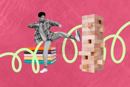 Creative picture collage photo young man punching jenga tower leg strike collapse destroy puzzle game book stack learner academic concept.
