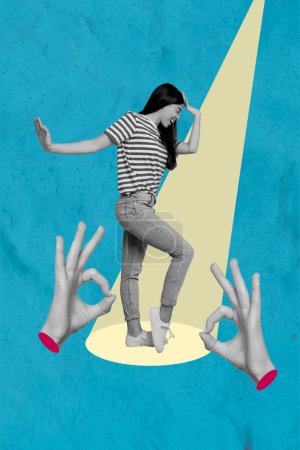 Vertical photo collage young dancing girl motion rhythm party cool disco 3d hands gesture okay sign showing drawing background.