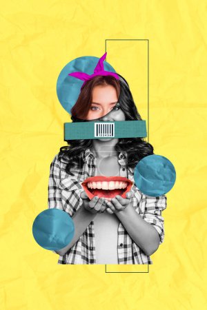 Composite Trend Artwork Bild Collage aus schwarz-weißer Silhouette junge Pinup Dame Barcode-Klebeband statt Mund hält große Lippen Lächeln.