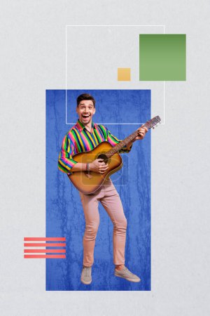 Imagen de collage compuesto de música masculina divertida escuchar divertirse tocar guitarra músico fantasía valla publicitaria cómics zine.