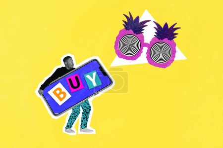Composite collage picture image of funny man buying ecommerce summer vacation pineapple sunglass fantasy billboard comics zine.