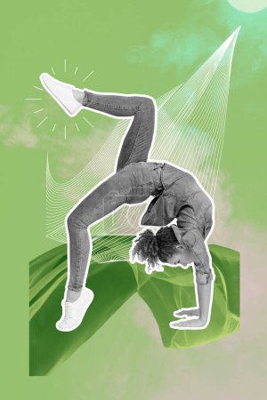 Sketch image composite trend artwork 3D photo collage of flexible sportive active lady do stretching training bridge gymnastics bodycare.