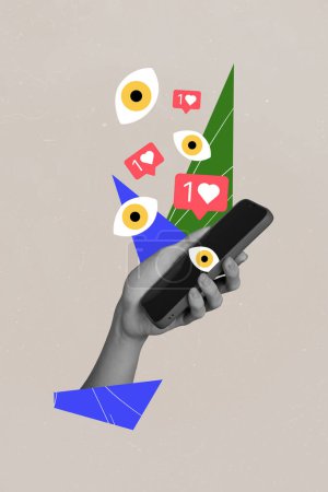 Vertikale Foto-Collage von Hand halten iphone Benachrichtigungsreaktionen wie Liebe Auge beobachten Abonnenten beliebt isoliert auf gemaltem Hintergrund.