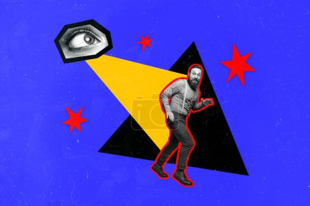 Collage image artwork of funny funky man gentleman walking going huge human eye isolated on drawing background.