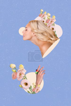 Fotocollage vertical de hermosa chica rubia ojos cerrados salón cuidado del cabello procedimiento eustoma flores aisladas sobre fondo pintado.