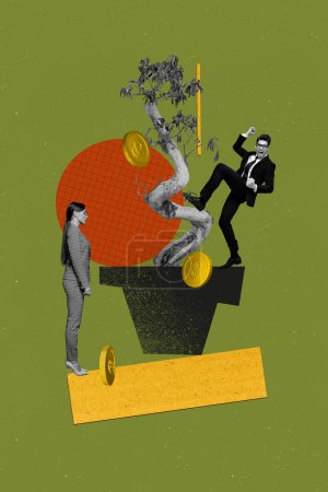 Fotografía vertical collage imagen joven hombre negocio comerciante ingresos monedas de oro beneficio simbólico rico ingreso señora gerente empresario.