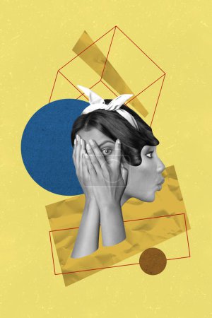 Vertikale kreative Collage Poster junge Mädchen decken Gesicht Hände Handflächen Auge gucken Spion beaufsichtigen Angst Angst Karikatur Zeichnung Hintergrund.