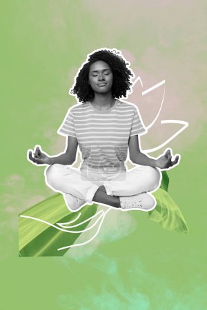 3D Foto Collage Trend Artwork Composite Skizze Bild von jungen ruhig zu halten Dame tun Training Yoga-Übung Chakra positive Stimmung im Freien.