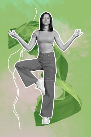 3D photo collage trend artwork composite sketch image of zen young lady retreat yoga breath calm do pilates stretching meditating.