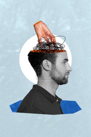 Vertikale Collage Poster junger Mann halb Kopf Gehirn Kontrolle psychedelische Konzept Massenmedien Autorität Kontrolle Geist Meinungsmacht.