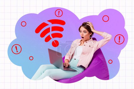Imagen de dibujo de dibujo compuesto de tendencia 3D collage foto de la joven dama frustrada sentarse en la computadora portátil de retención de bolsa de frijoles sin señal wifi mala conexión.