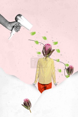 Collage vertical image de noir blanc effet bras tenir sèche-cheveux coup air chaud gars fleur à la place tête fondre la neige isolé sur fond rose.