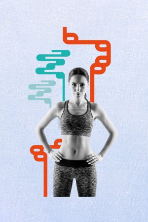 3D Foto Collage Trend Artwork Composite Skizze Bild von starken aktiven Sportlerin halten Hand auf Hüften Körperpflege Sportler Workout.