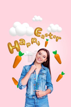 Vertical photo collage of happy girl wear denim costume easter tradition family holiday spring atmosphere isolated on painted background.