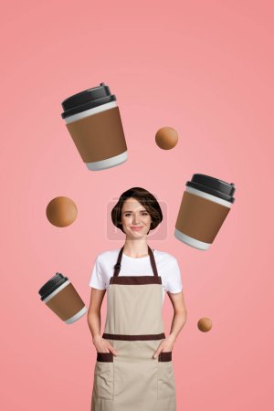Vertical créatif photo collage debout jeune femme café offre spéciale boisson énergisante barman barista discount promo.