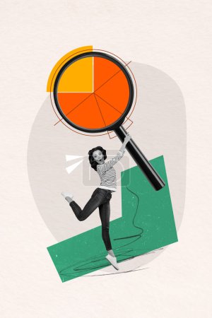 Composite collage of young funky lady jumping holding magnifying glass enlarge infochart analyzing budgets isolated on grey background.