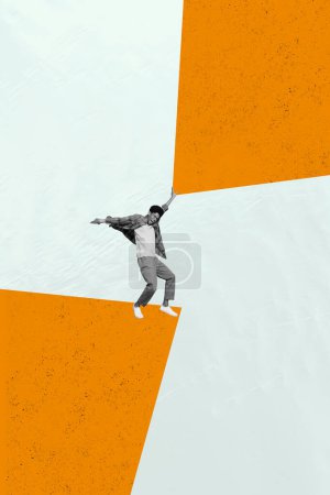 Vertical abstract photo collage young man balance holding geometric figure screaming hard strong orange black white filter.