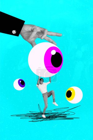 Vertikale Foto-Collage Bild junge Person kämpfen Rettung riesige Augen Spionage gucken Augäpfel Karikatur psychedelische Konzept Zeichnung Doodles.