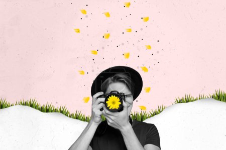 Collage image de noir blanc couleurs gars tenir appareil photo prendre photo fraîche fleur objectif fonte neige croissance herbe isolé sur fond peint.