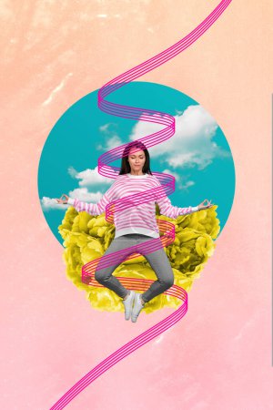 Abstrakte Vorlage Grafiken Collage Bild der verträumten Dame praktiziert Yoga isoliert bunten Hintergrund.