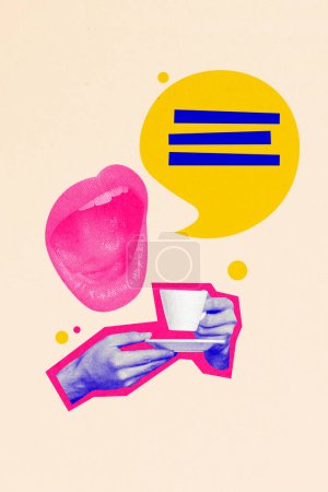 Vertikale kreative Collage Bild von sprechenden Mund Sprechblase reden halten Kaffeetasse haben Pause Ankündigung seltsam freak bizarr ungewöhnlich.