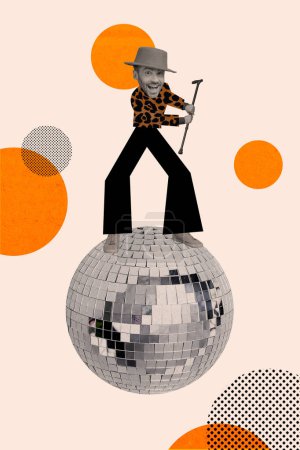 Vertikale Collage Bild glücklich junge fröhliche energische Mann Tänzer Discoball Party Clubbing stilvolle Jazz-Outfit Zeichnung Hintergrund.