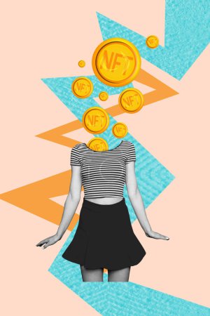 Vertical picture collage young headless woman nft golden coins tokens cryptocurrency trading earnings profit drawing background.