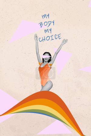 Vertical photo collage of happy girl show hair armpits feminism lgbt sign rainbow stretchmarks self love isolated on painted background.