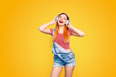 Fun joy leisure lifestyle people person concept. Close up studio photo portrait of pretty excited cheerful rejoicing glad funky funny fancy lady enjoying best track ever isolated bright background.