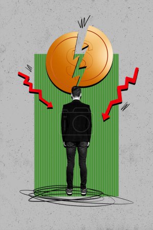 Vertical photo collage of businessman stand back look fall arrow down problem bankrupt coin decline inflation isolated on painted background.