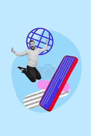 Vertical photo collage of excited guy jump huge iphone screen internet emblem globe planet symbol network isolated on painted background.