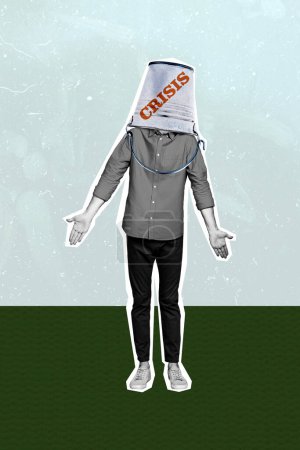 Croquis image composite tendance illustration collage photo 3D de silhouette jeune homme incertain tenir seau métallique sur la crise de la faillite de la tête.
