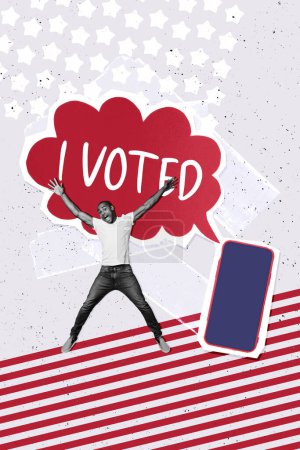 Vertical photo collage of happy american man jump make decision iphone screen vote election democracy isolated on painted background.